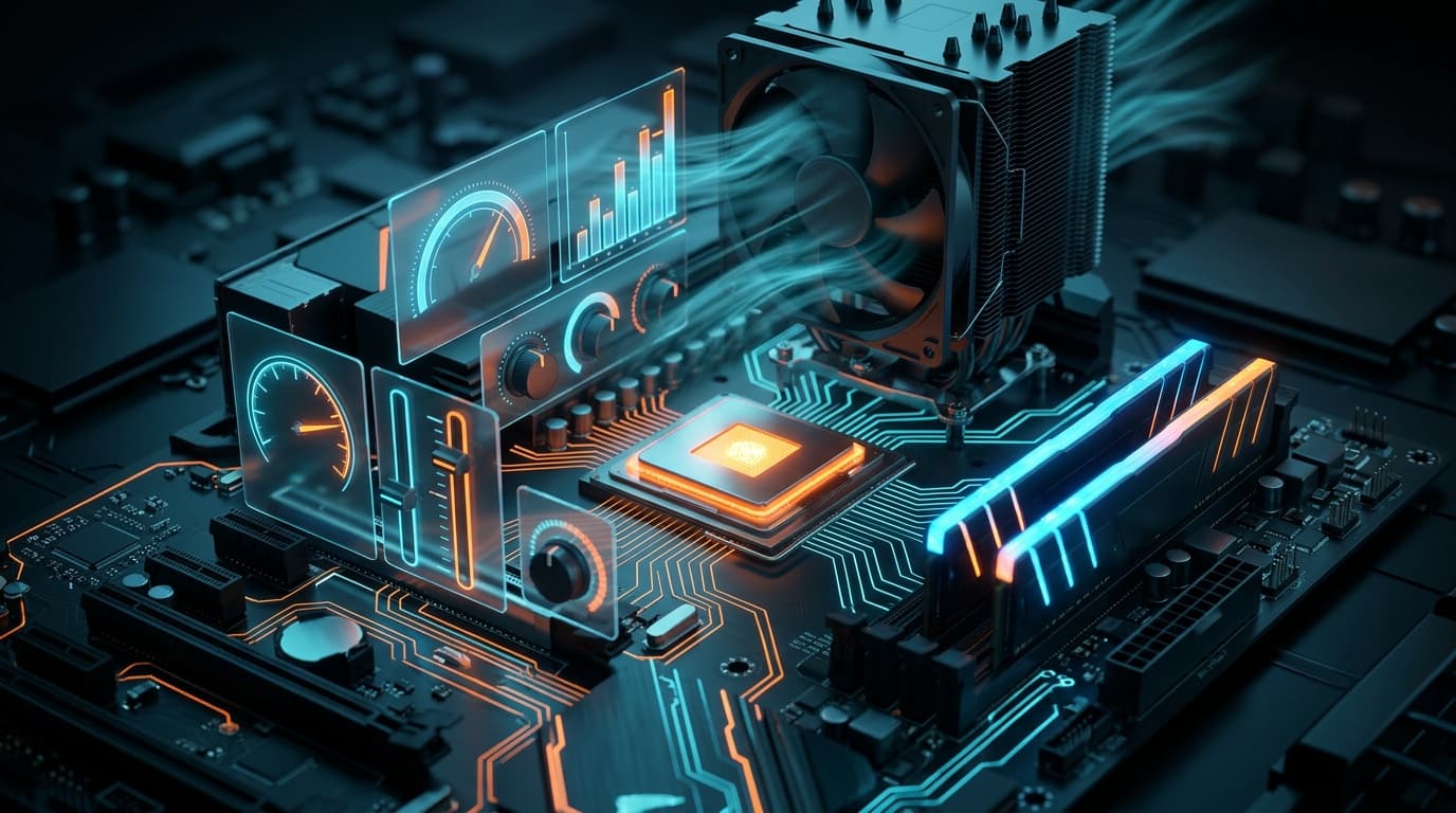 A glowing CPU, RAM, and cooler with holographic tuning dials and gauges, representing gaming PC performance optimization