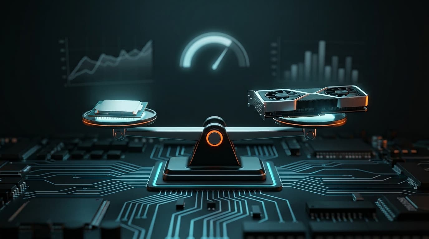 A CPU and GPU balanced on a level scale over a circuit board, representing a bottleneck-free PC build