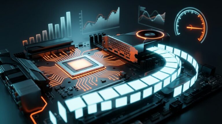 Glowing GPU and CPU emitting a stream of light frames, representing high FPS and PC gaming performance