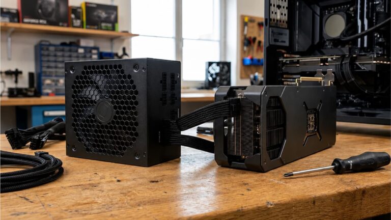 A modern ATX power supply connected to a graphics card by a sleeved PCIe power cable on a PC builder's workbench