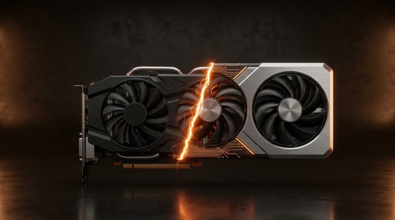 AMD RX 7000 vs RX 9000 graphics card split by an orange divide