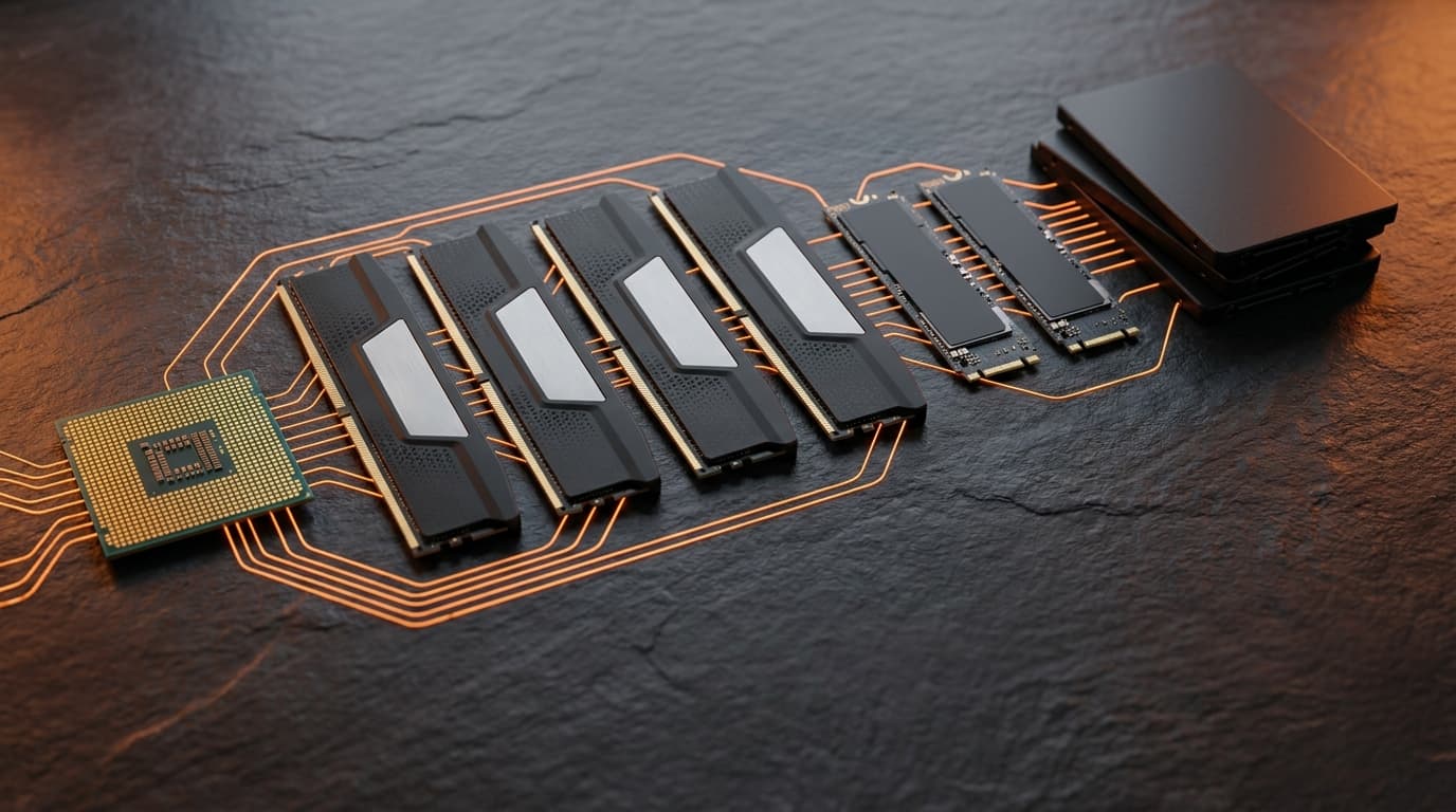 CPU, RAM sticks and SSD drives linked by orange circuit traces