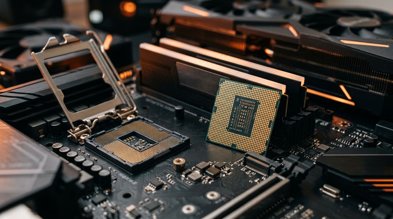 Best budget gaming CPU 2026 shown as a processor beside an open motherboard socket with RAM and a graphics card