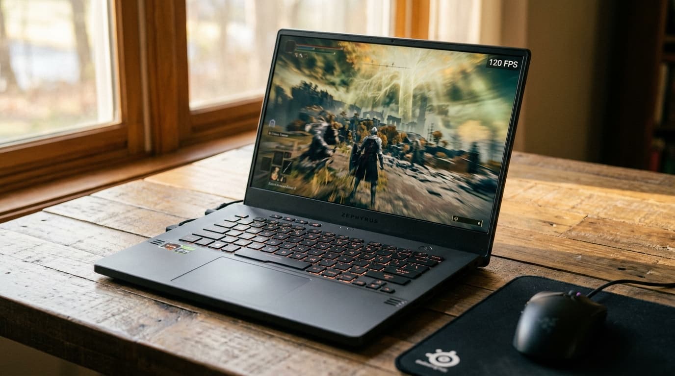 Gaming laptop showing a game at 120 FPS on a wooden desk