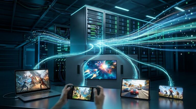 Glowing server rack streaming games across multiple devices, representing GeForce NOW cloud gaming