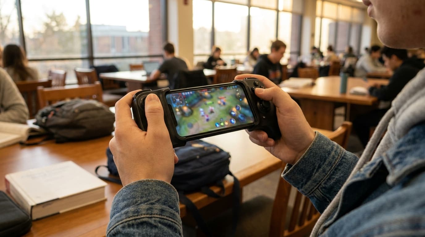 Cloud gaming on a phone with a controller clip in a library
