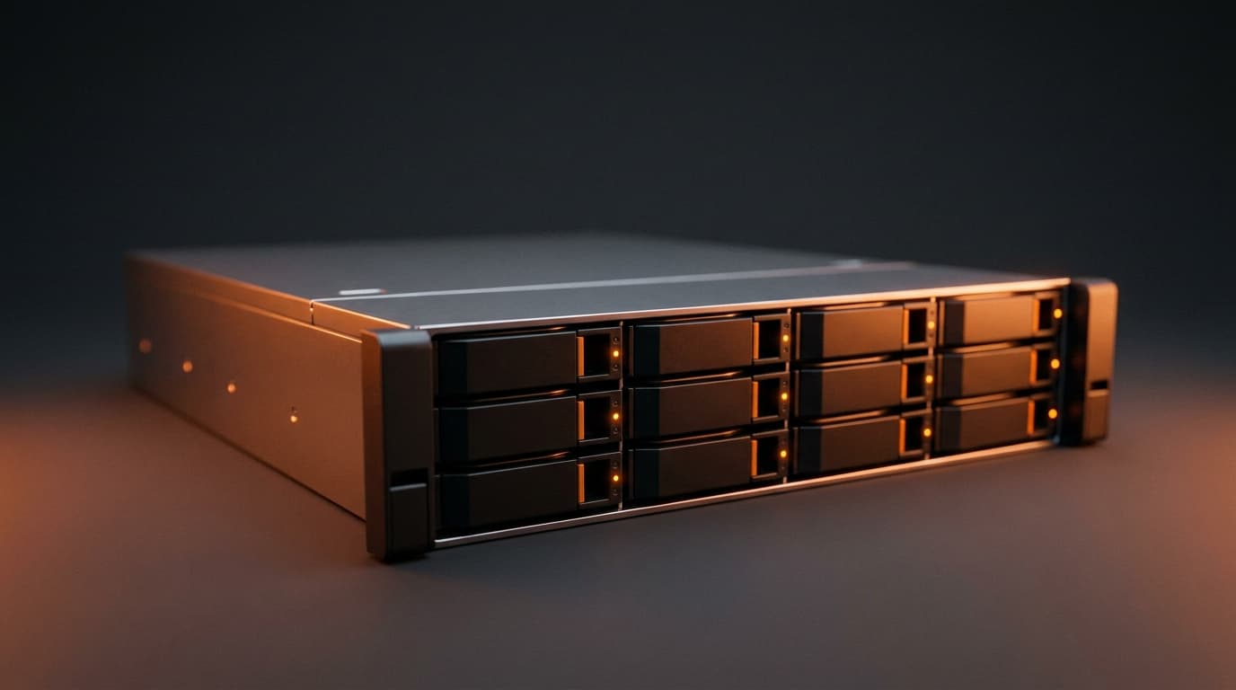 A NAS storage unit with multiple drive bays and orange activity LEDs, representing RAID performance and speed