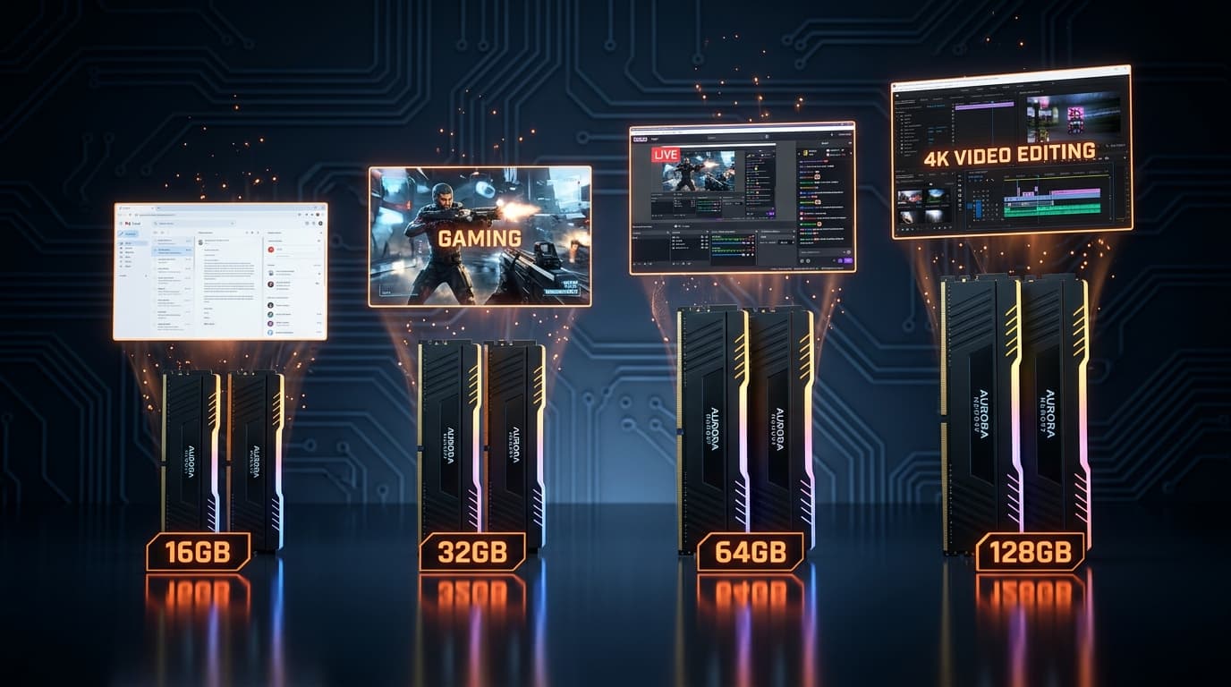 RAM capacity tiers of 16GB, 32GB, 64GB, and 128GB shown as rising memory sticks matched to browsing, gaming, streaming, and 4K video editing.