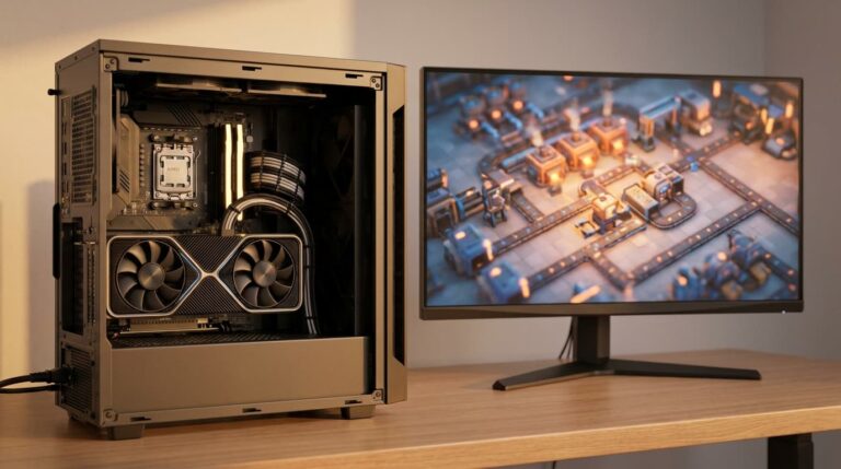 7800X3D and RTX 3080 gaming PC next to a 1440p sim game