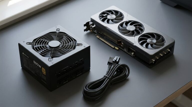 Choosing a PSU for an RX 9060 XT: 850W power supply, triple-fan GPU and 8-pin PCIe cable