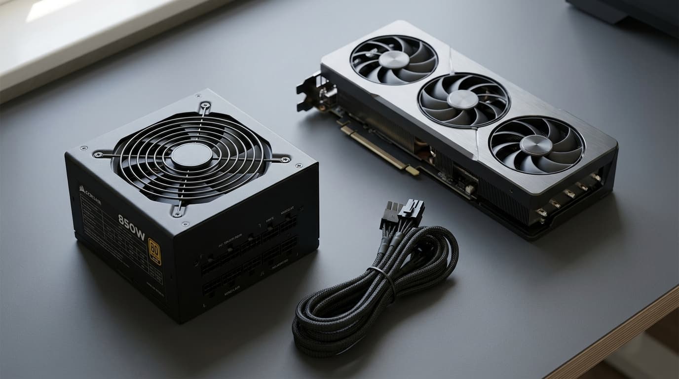 850W 80+ Gold power supply beside a triple-fan graphics card and braided 8-pin PCIe cable on a desk