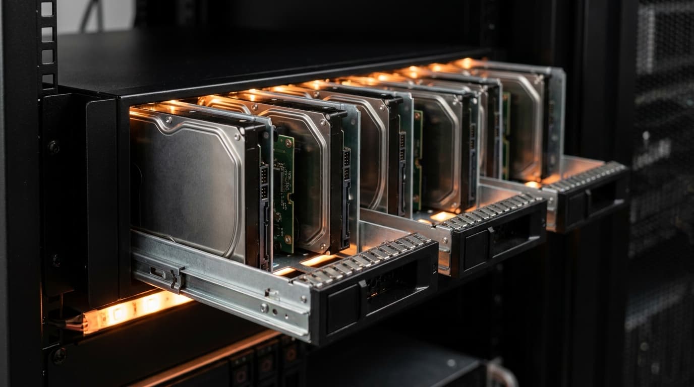 Several hard drives on trays pulled from a server rack with orange lighting, showing a RAID storage array