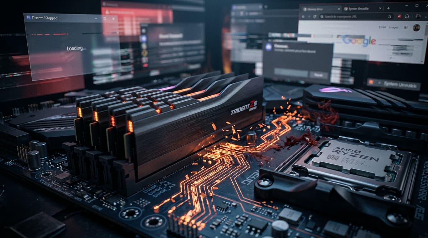 RAM modules and AMD Ryzen CPU on a motherboard showing a PC slowed by low memory