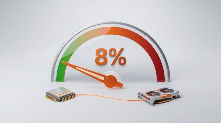 Bottleneck gauge showing a healthy 8% with a CPU and GPU linked below