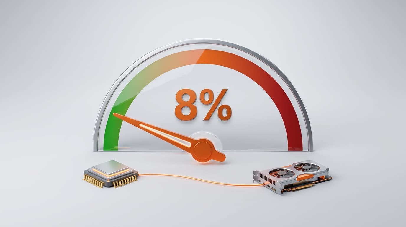 Bottleneck gauge showing a healthy 8% with a CPU and GPU linked below