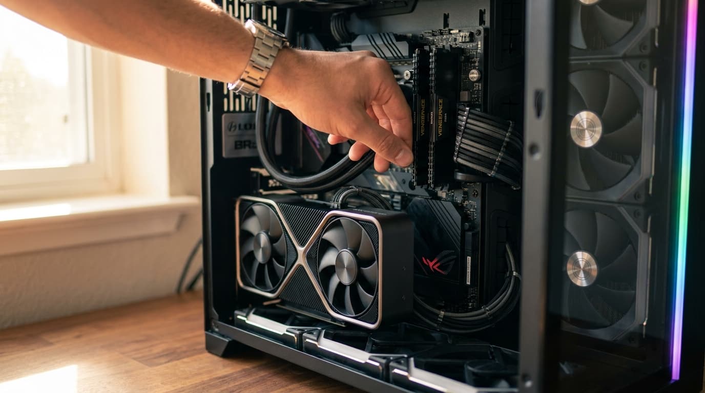 Installing RAM in a gaming PC with the graphics card visible