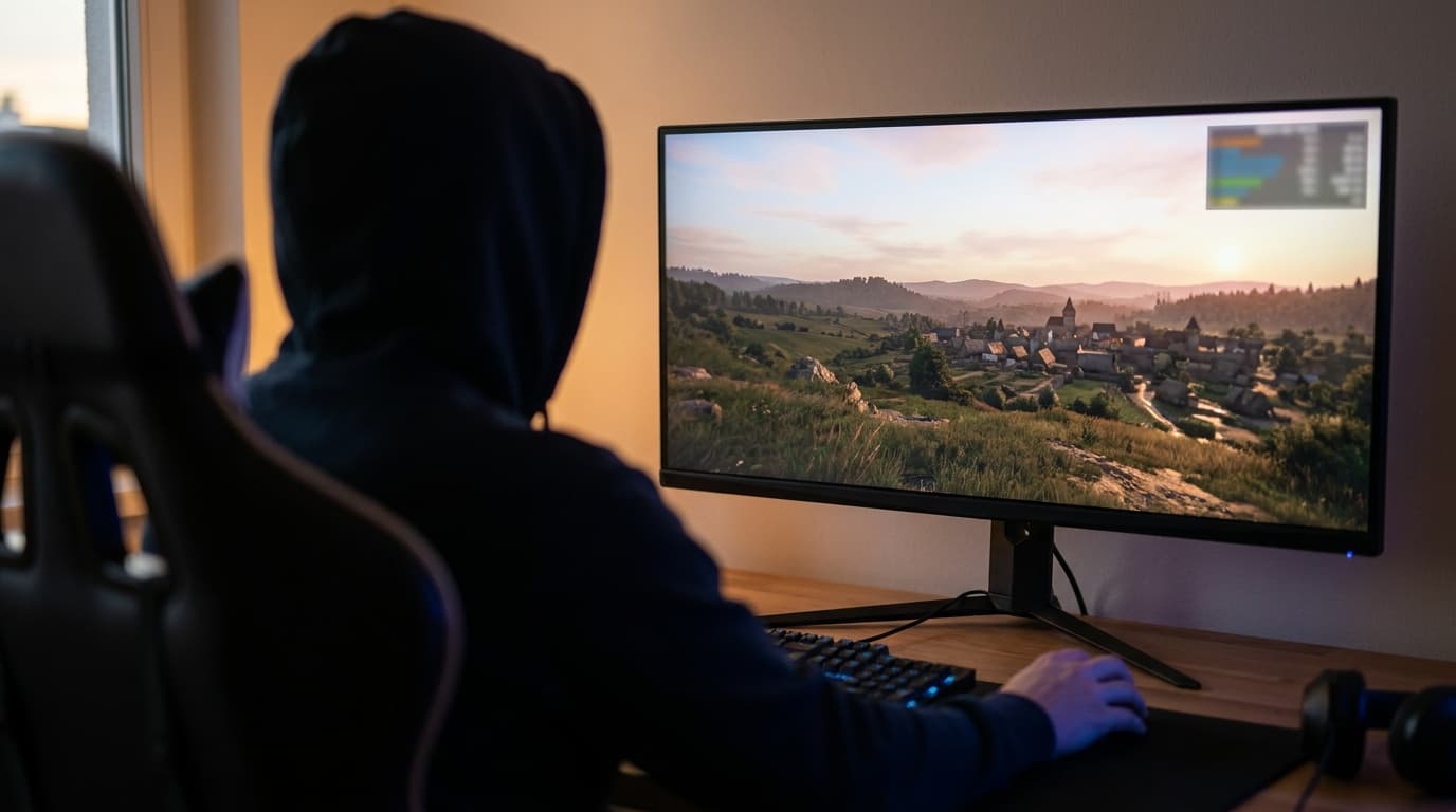 Gamer at monitor checking game FPS and performance overlay