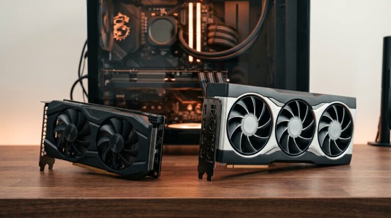 A compact dual-fan graphics card beside a larger triple-fan graphics card on a wooden desk, with an open PC build glowing orange in the background, representing an RTX 4070 to RX 9070 XT GPU upgrade
