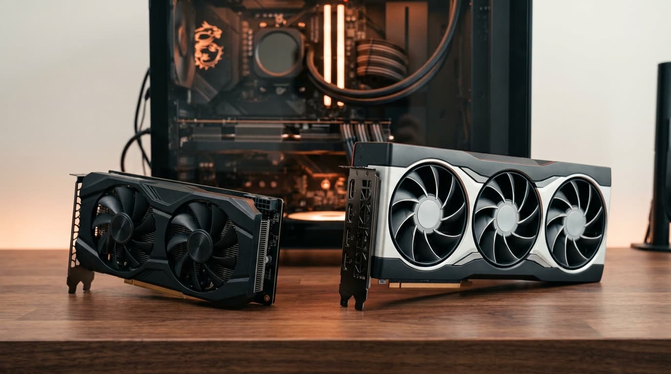 A compact dual-fan graphics card beside a larger triple-fan graphics card on a wooden desk, with an open PC build glowing orange in the background, representing an RTX 4070 to RX 9070 XT GPU upgrade