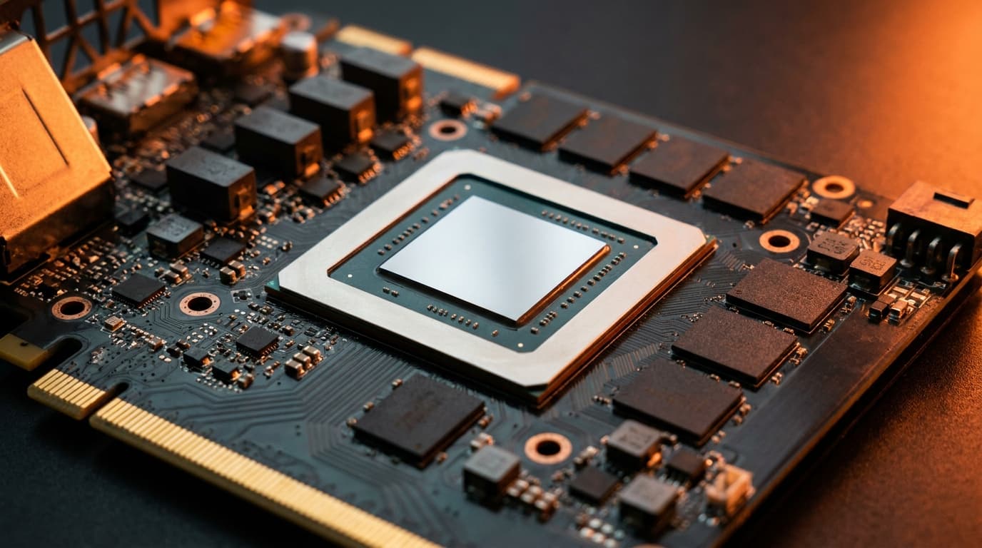 A graphics card PCB with the GPU die surrounded by VRAM memory chips, lit in warm orange, showing how VRAM is arranged