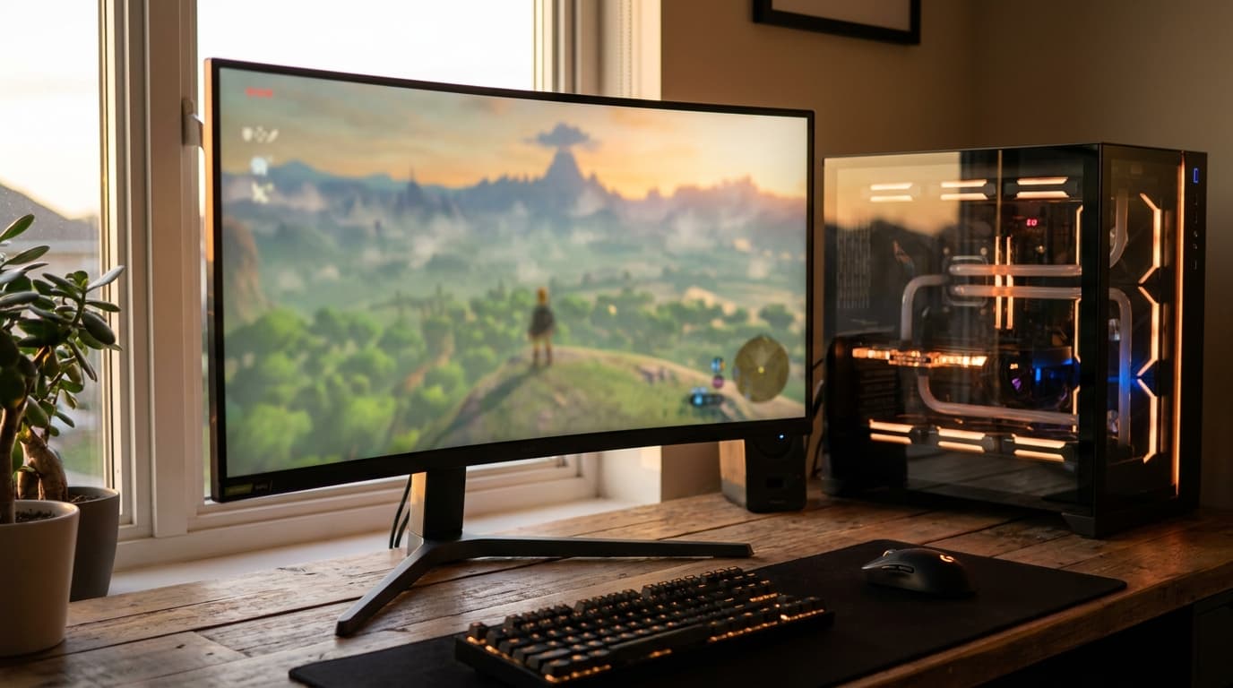 Gaming PC and monitor running an open-world game on a wooden desk